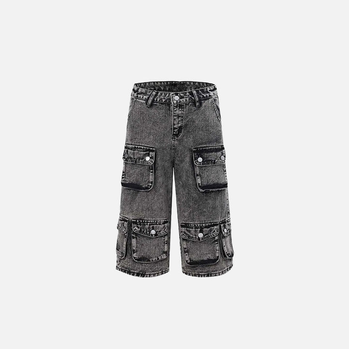 Front view of the black Heavy-duty Multi-pocket Cargo Jorts in a gray background 