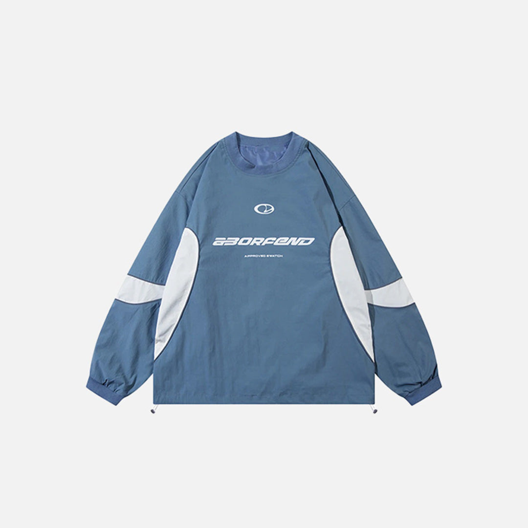 Front view of the blue Neo Sport Pullover Sweatshirt in a gray background