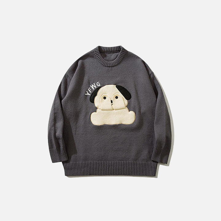 Front view of the Loose Dog Printed Sweater in a gray background 
