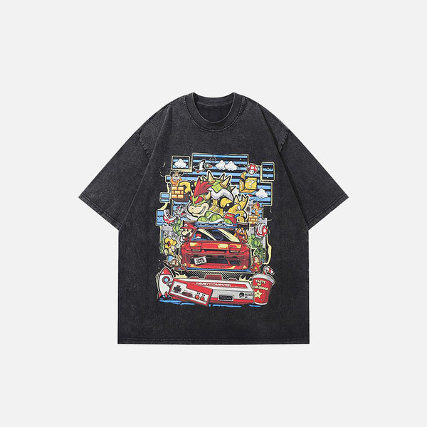 Front view of the black Loose Mario Car Print T-shirt in a gray background 