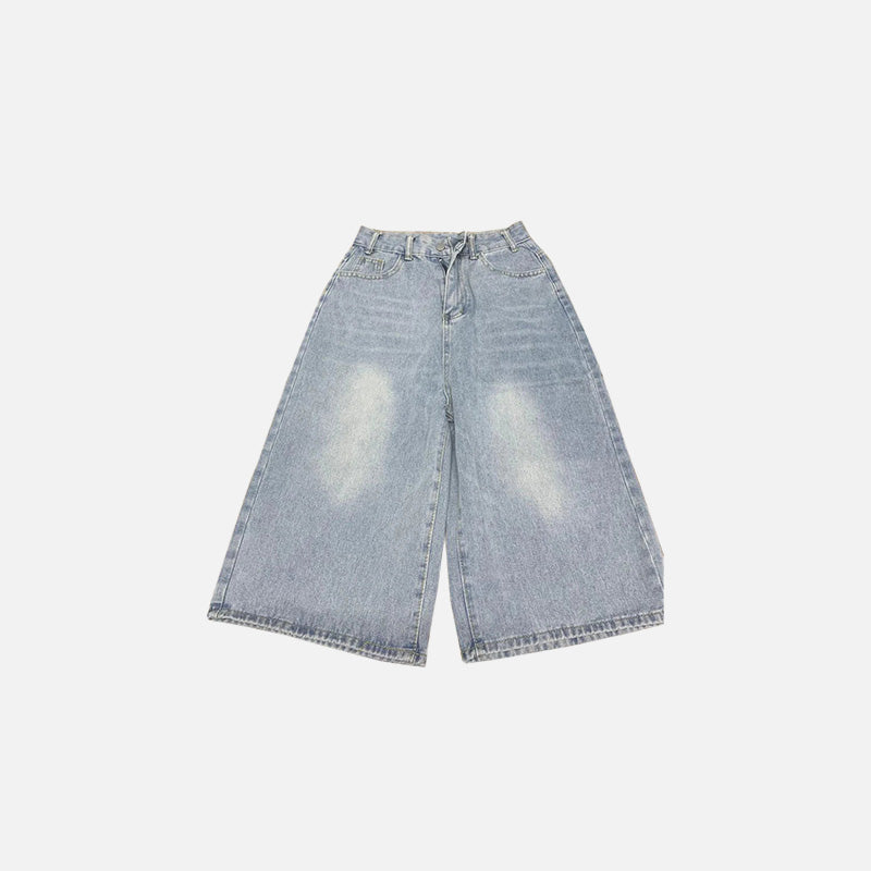 Front view of the blue Wide-Leg Denim Jorts in a gray background