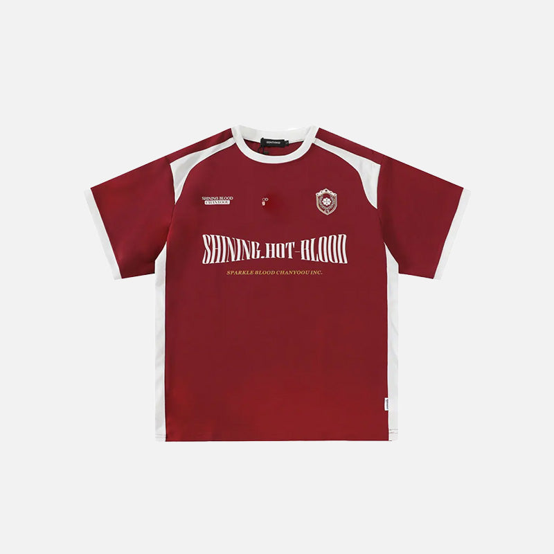 Front view of the red Y2K Loose Graphic T-shirt in a gray background 