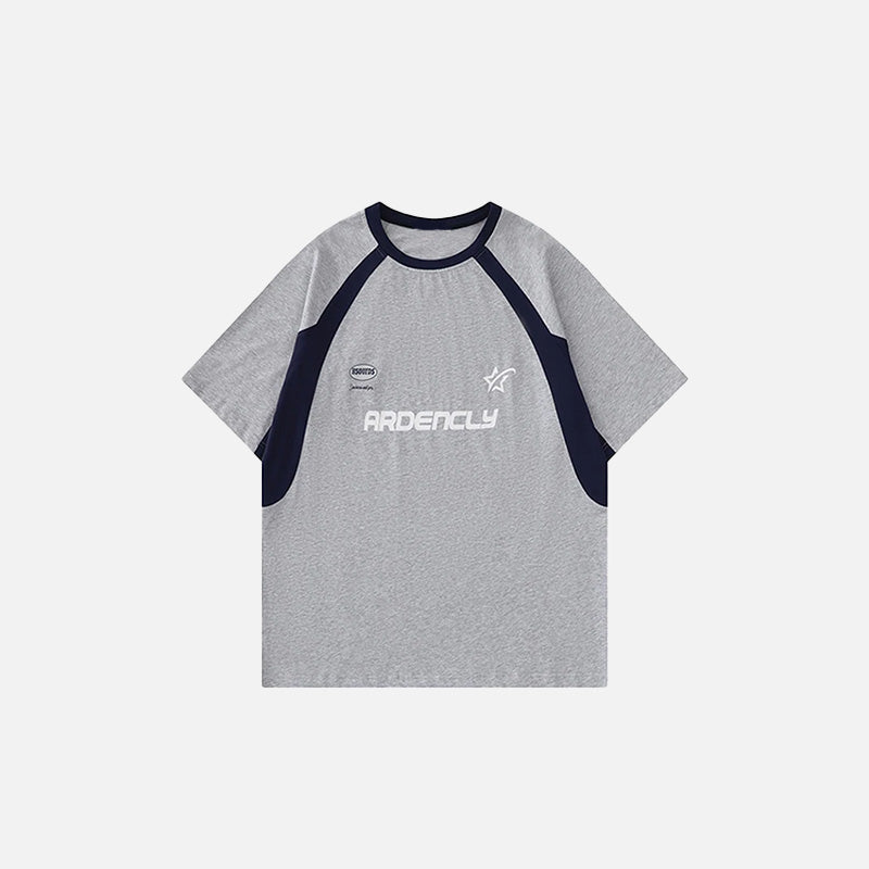Front view of the gray Loose Racing Patchwork T-shirt in a gray background