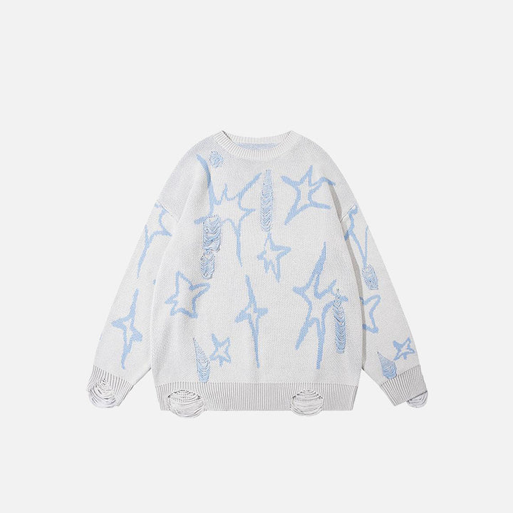Front view of the white Loose Knitted Patches Ripped Sweater in a gray background