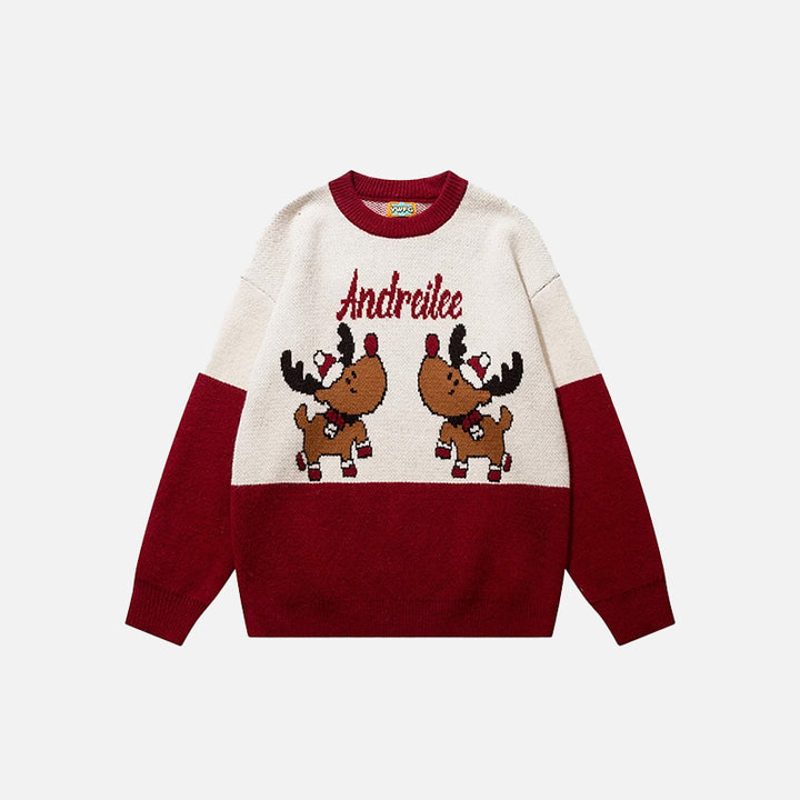 Front view of the red Christmas Reindeer Sweater in a gray background