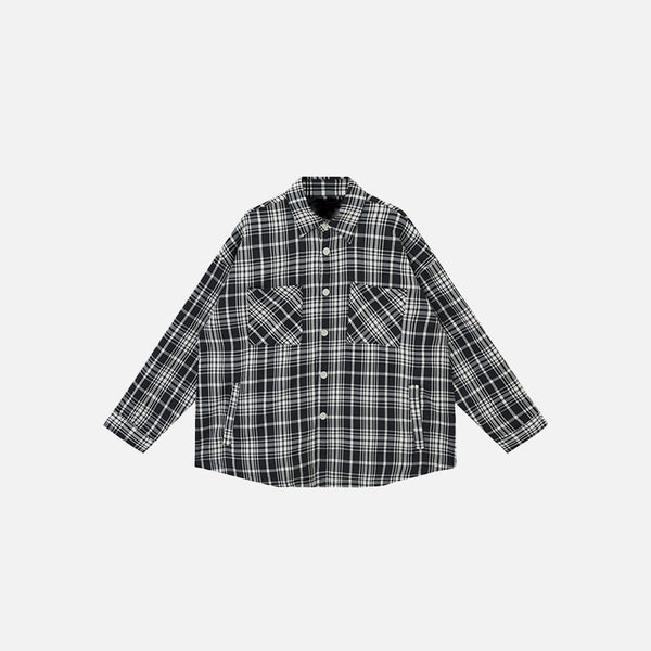 Front view of the black Loose Retro Plaid Shirt in a gray background 