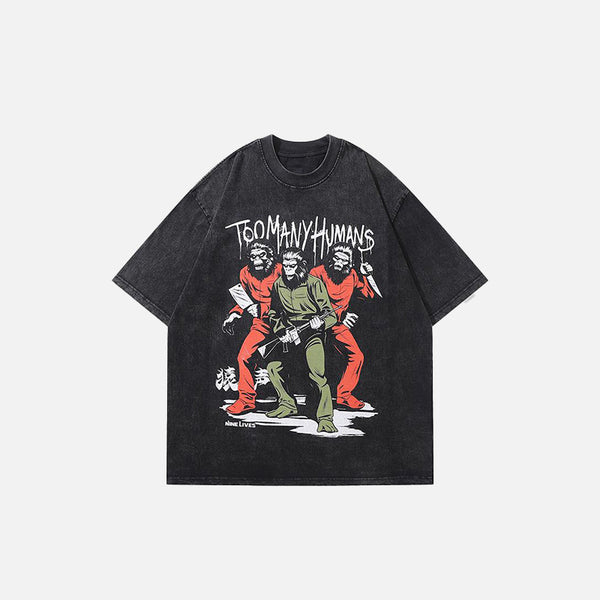Front view of the black "Too Many Humans" Loose Printed T-Shirt in a gray background 