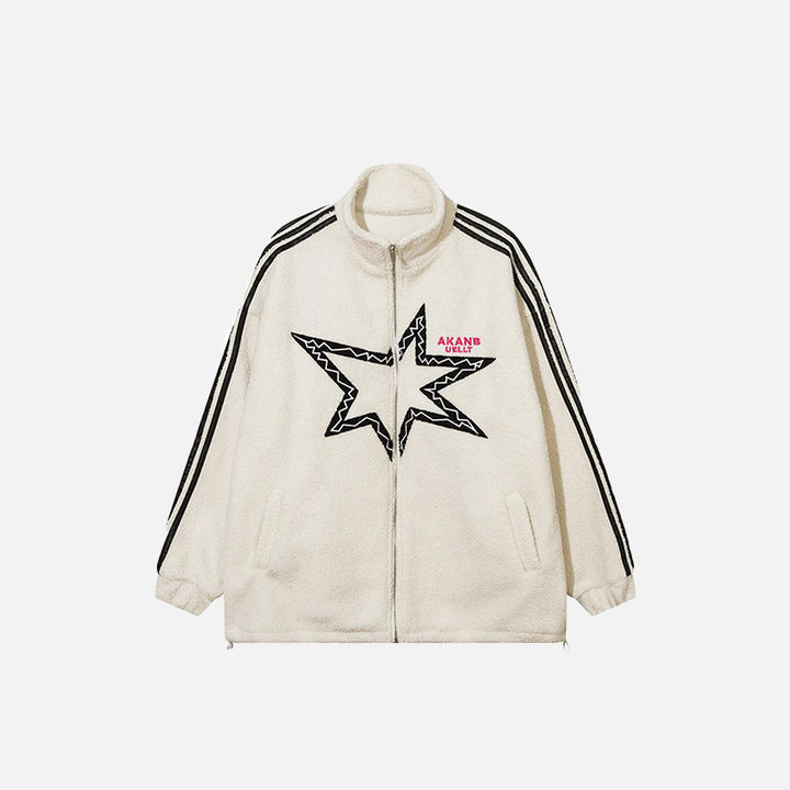 Front view of beige Striped Fleece Stars Jacket in a gray background