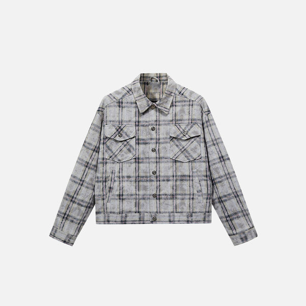 Front view of the grey Loose Plaid Tie-Dye Shirt in a gray background 