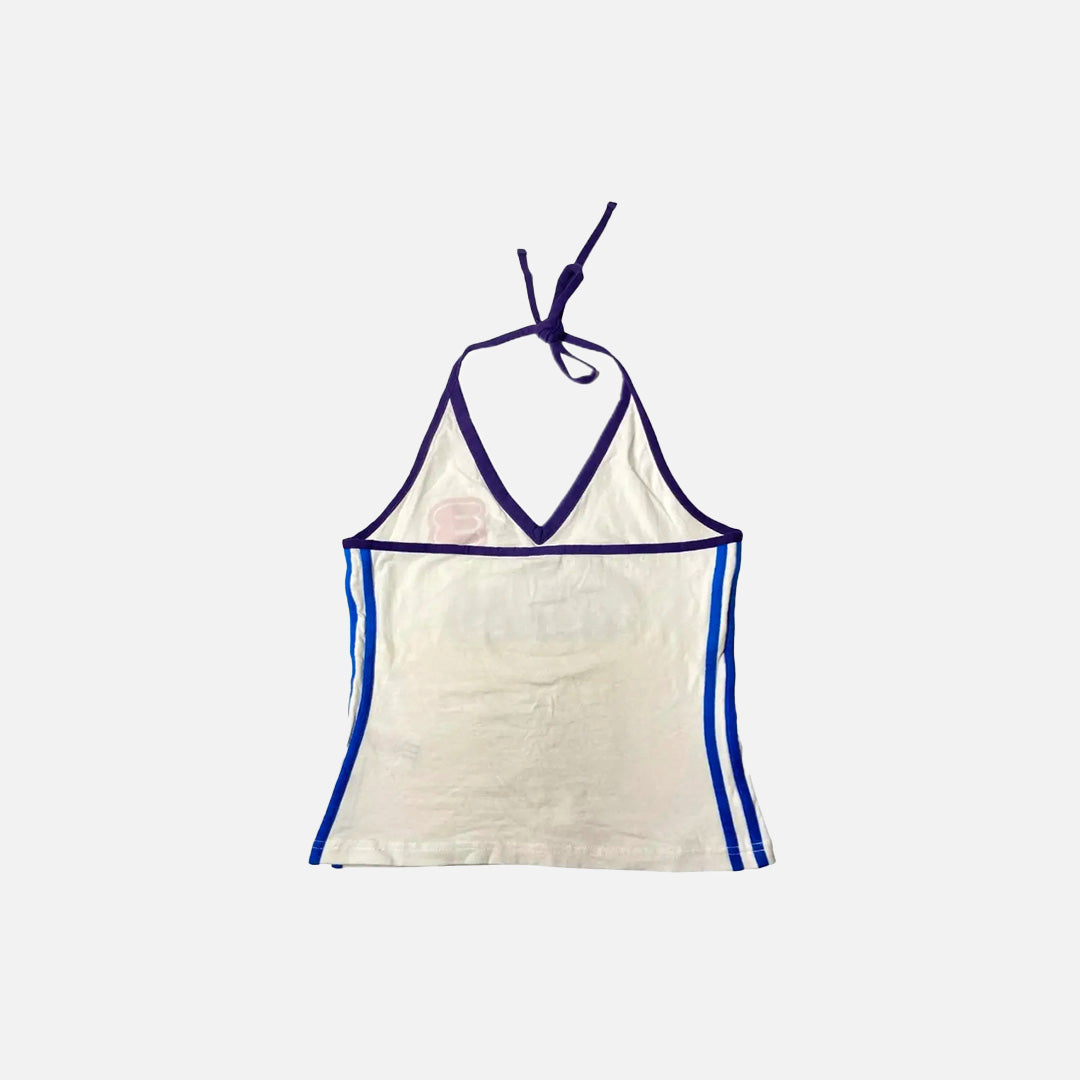 Back view of the beige Halter 90s Style France Top in a gray background