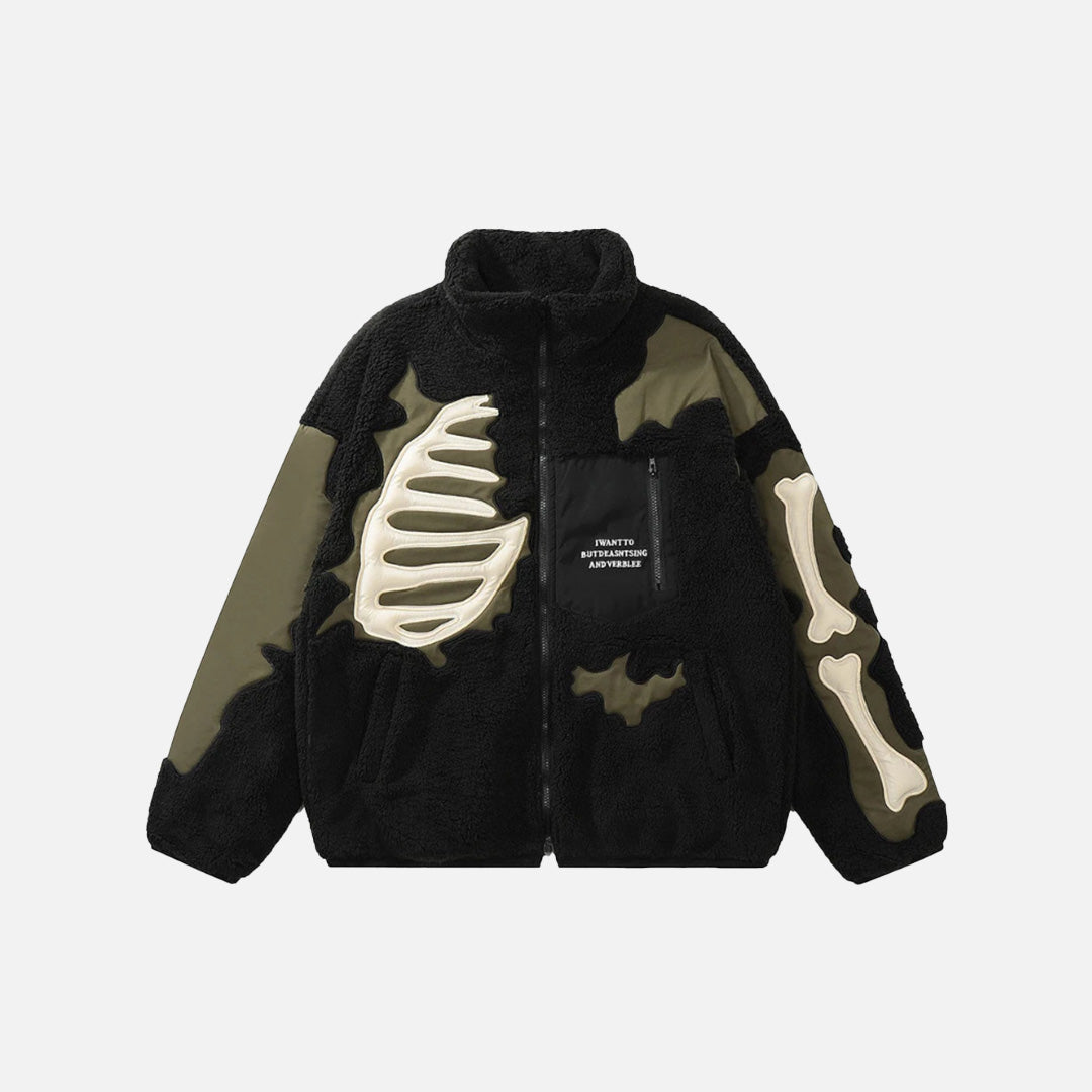 Front view of the black Skeleton Themed Fleece Jacket in a gray background