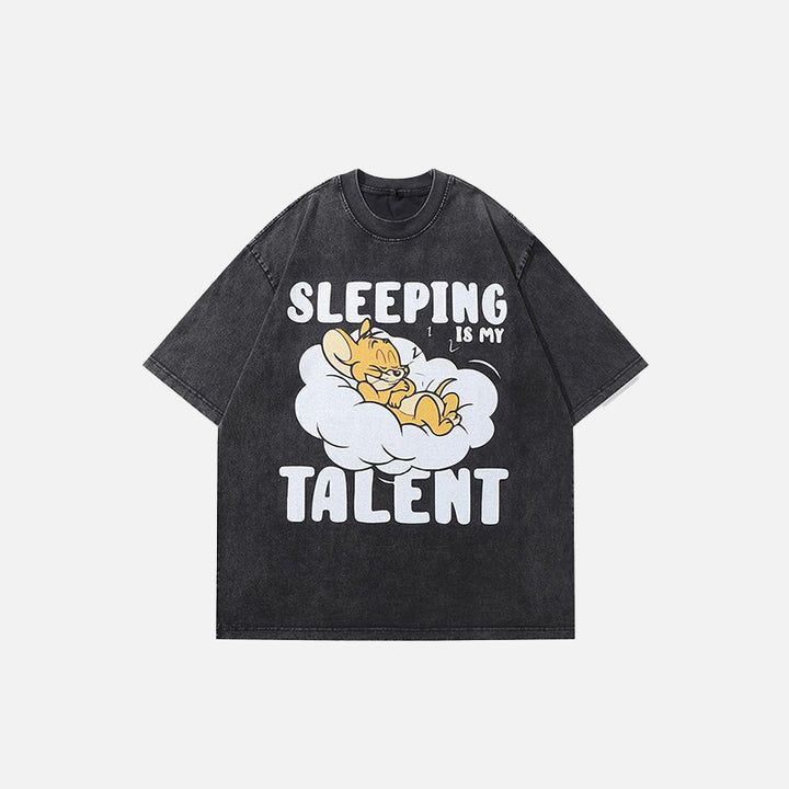 Front view of the black Sleepy Jerry Printed T-Shirt in a gray background 
