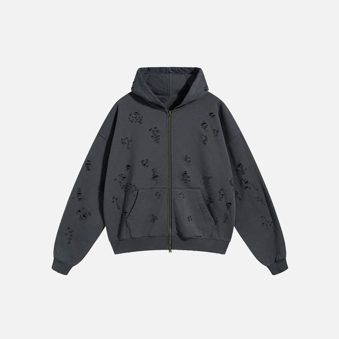 Front View of the gray Y2K Torn Tracks Hoodie in a gray background