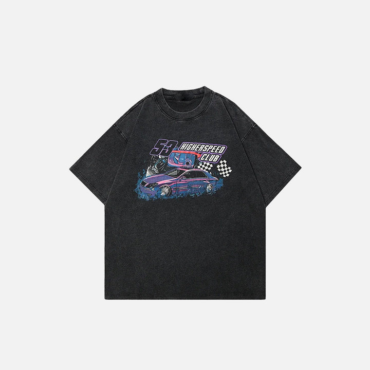 Front view of the black Y2k Loose Higher Speed Racing Club T-shirt in a gray background 