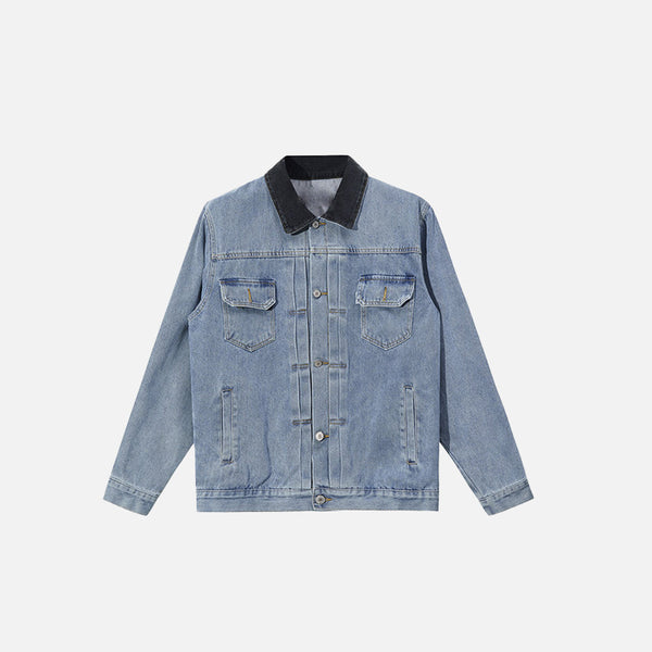 Front view of the blue Y2k Loose Washed Denim Jacket in a gray background 