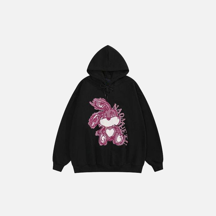Front view of the black Loose Retro Rabbit Printed Hoodie in a gray background 