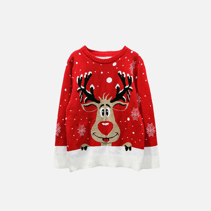 Front view of Christmas Reindeer Print Sweater in a gray background