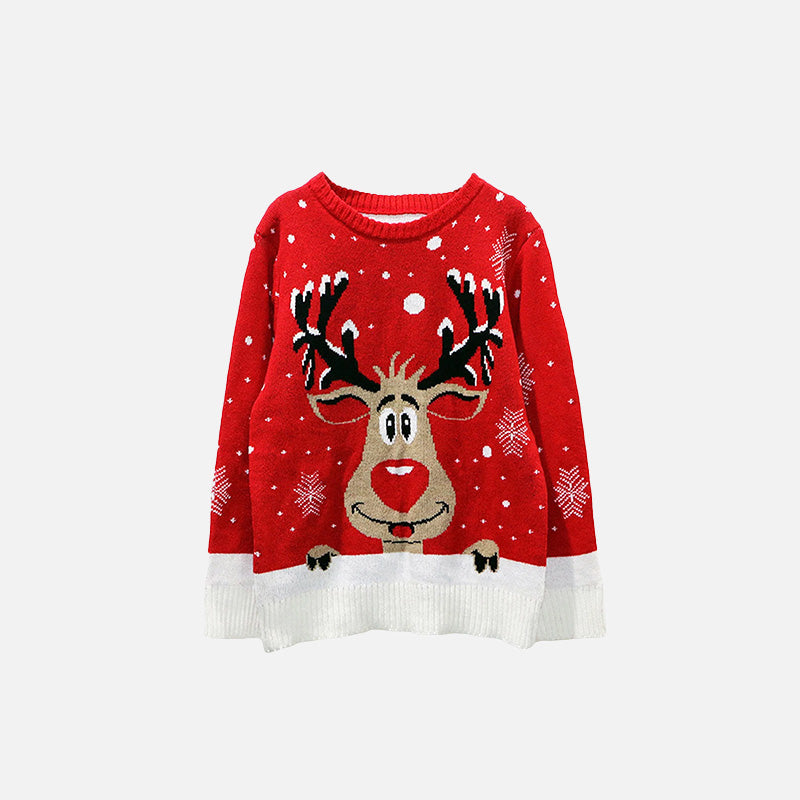 Front view of Christmas Reindeer Print Sweater in a gray background