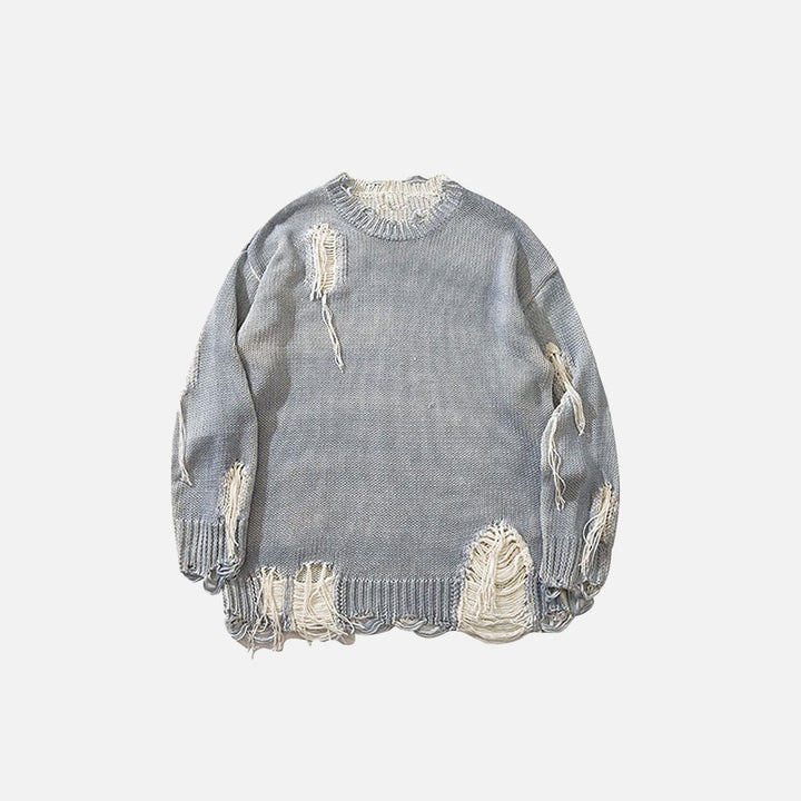 Front view of the gray Y2K Ripped Loose Sweater in a gray background