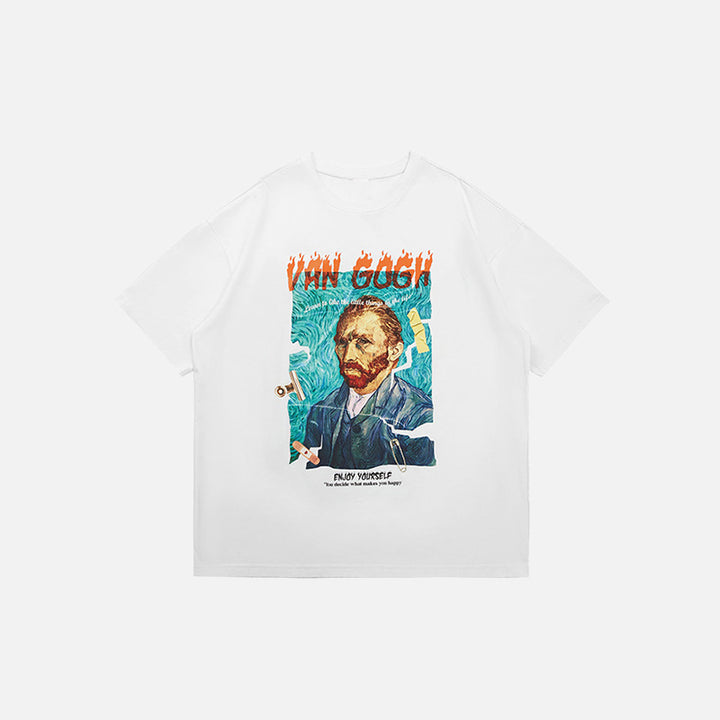 Front view of the white Van Gogh Oil Painting T-shirt in a gray background 