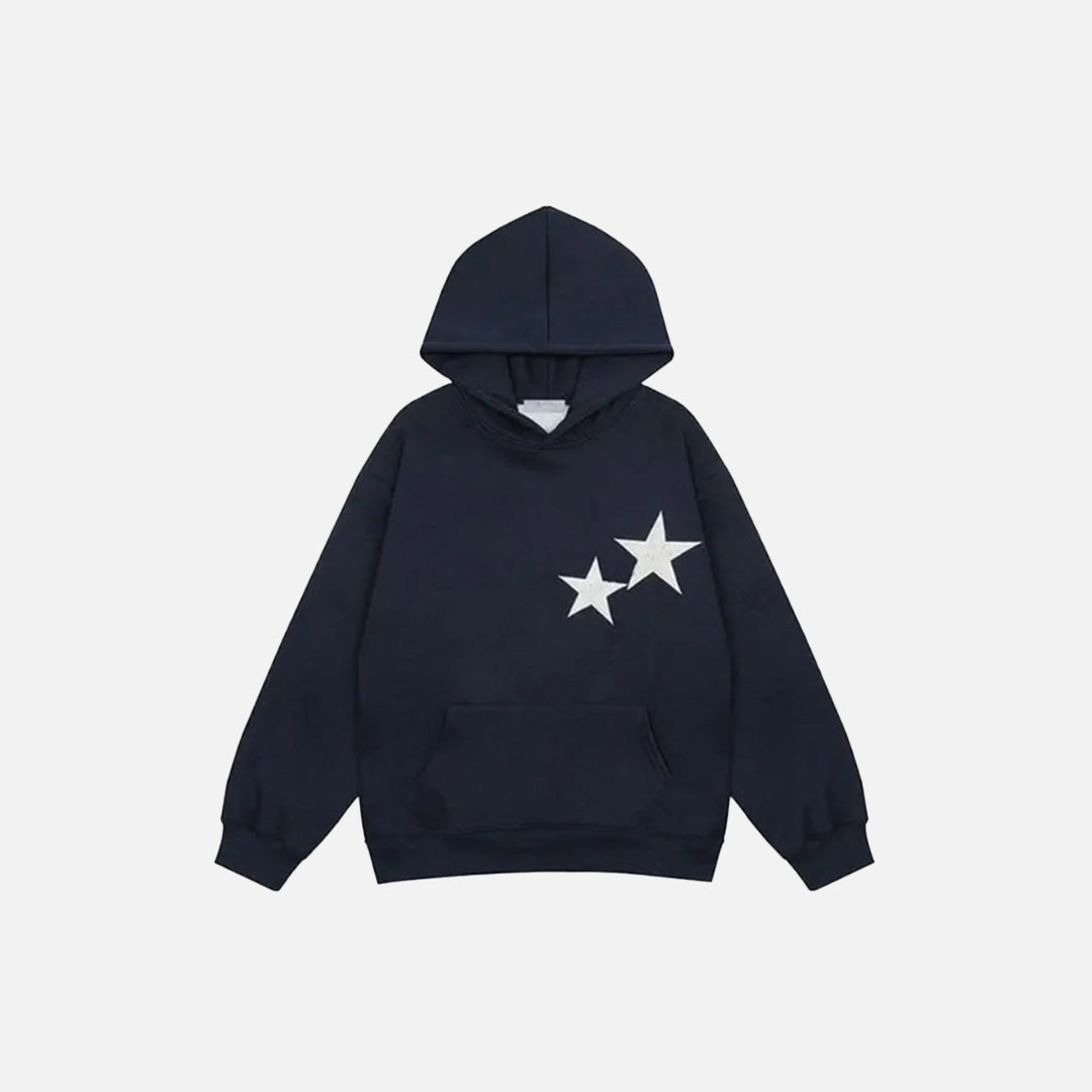 Front view of the navy blue Y2K Starburst Hoodie in a gray background