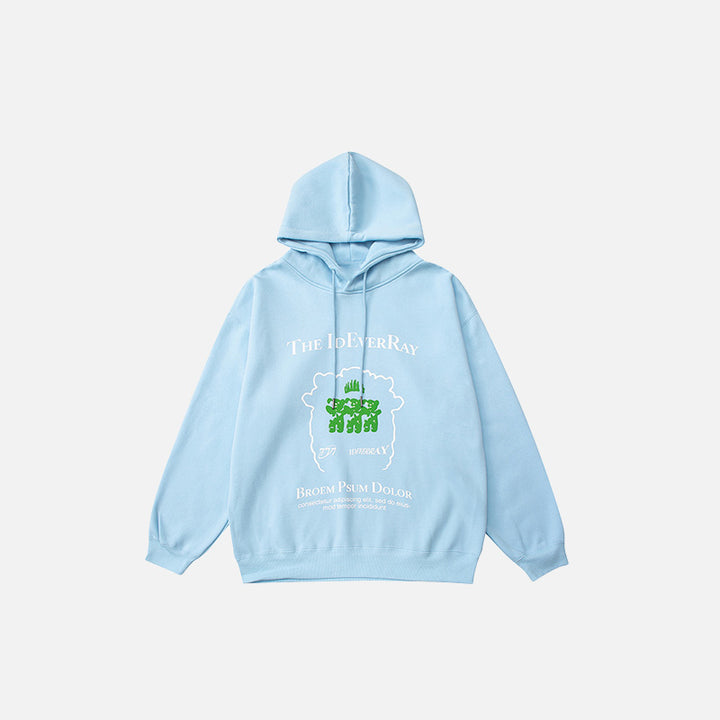 Front view of the sky blue Oversized Loose Printed Hoodie in a gray background 