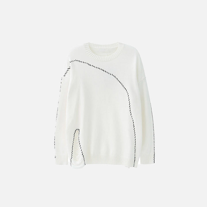Front view of the white Loose Knitted Ripped Sweater in a gray background