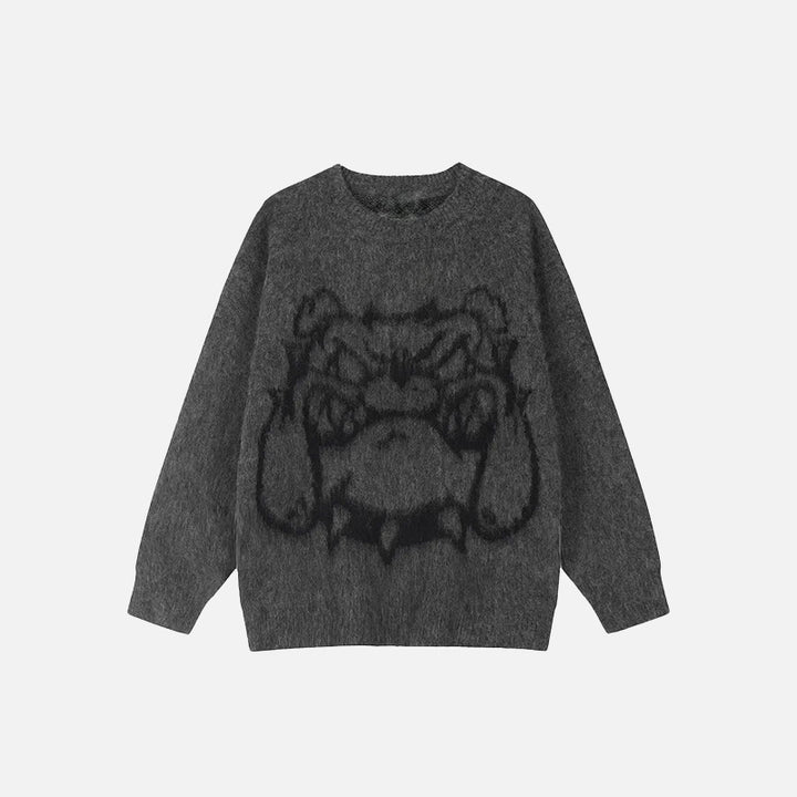Front view of the gray Bulldog Loose Knitted Sweater in a gray background