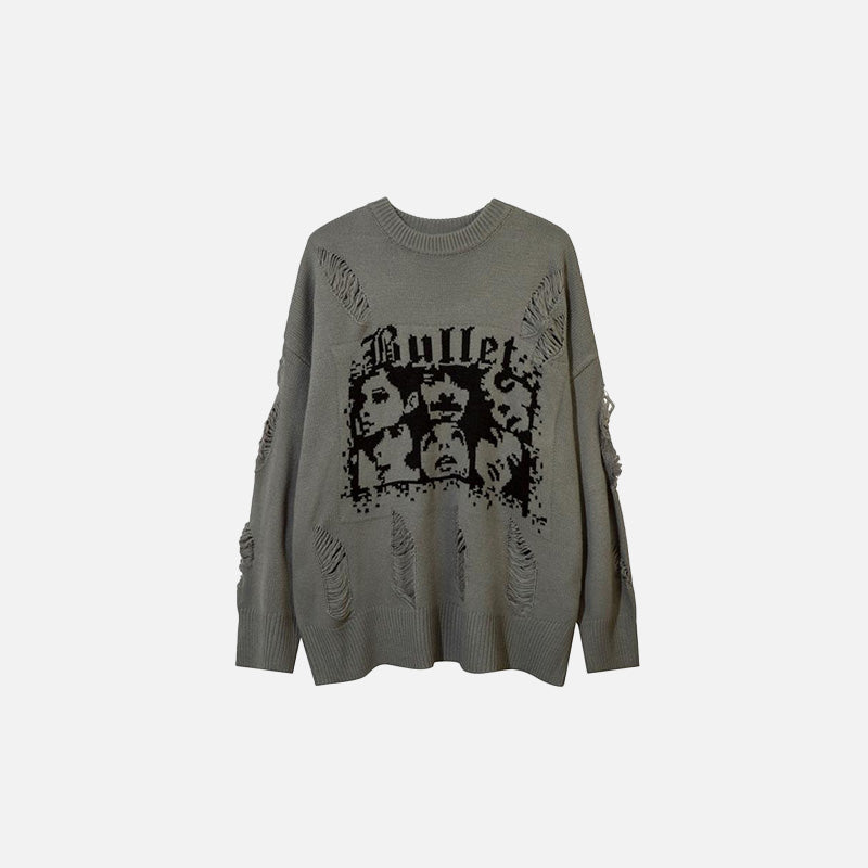 Loose Face Graphic Ripped Sweater