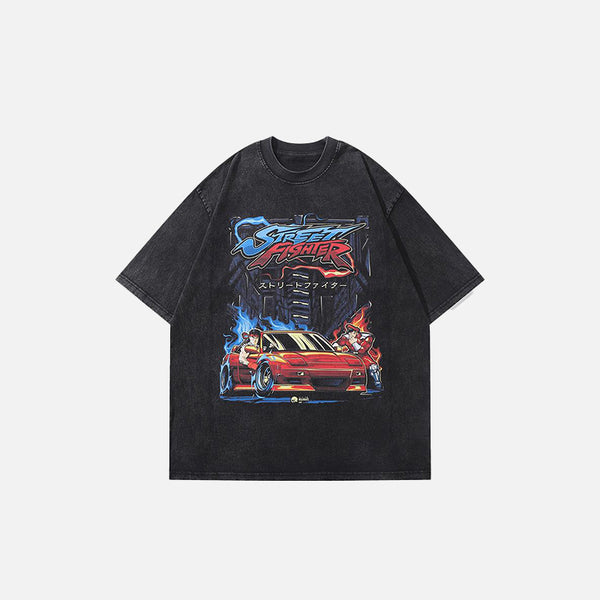 Front view of The black Street Fighter Car Print T-shirt in a gray background 