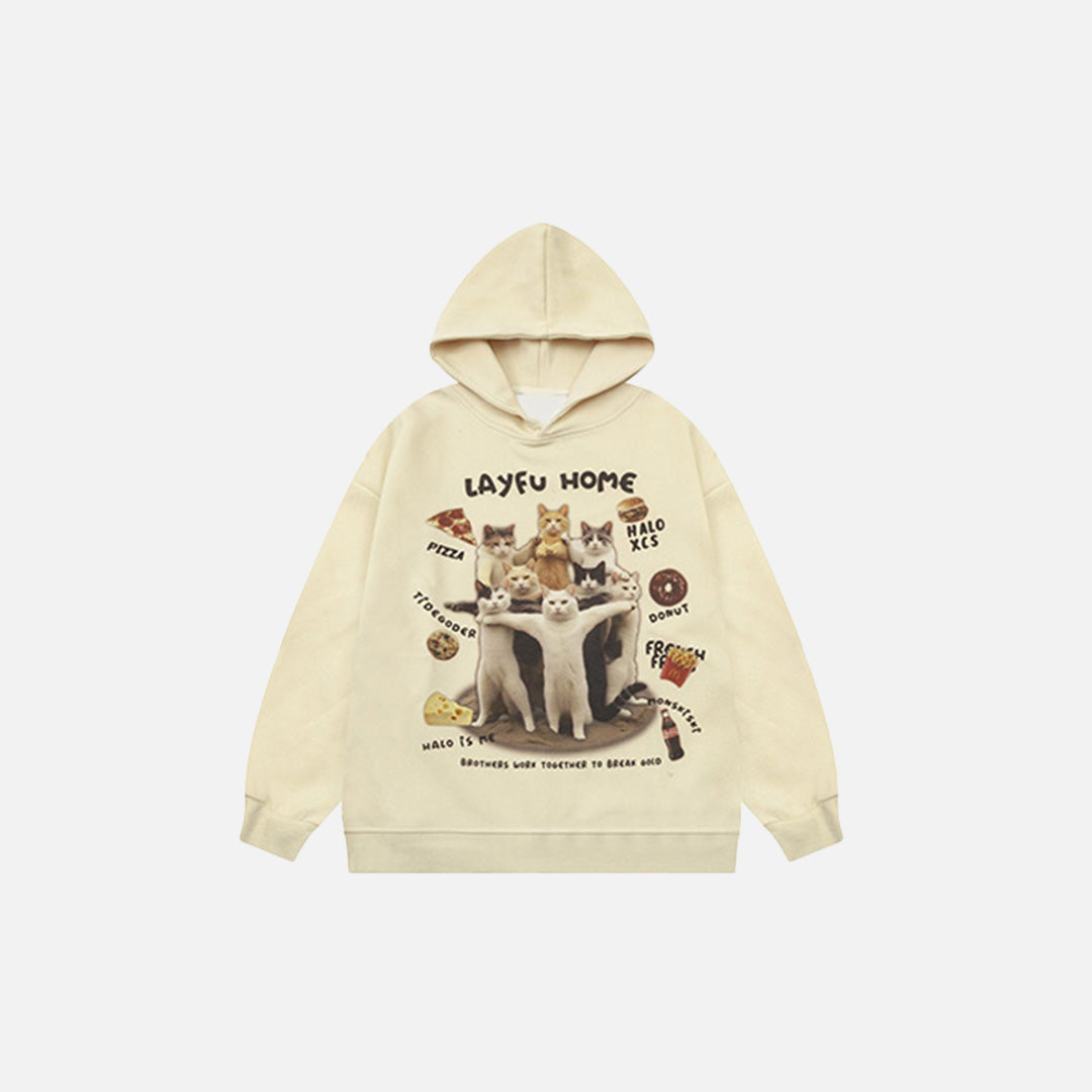 Front view of the apricot Playful Cats Graphic Hoodie in a gray background