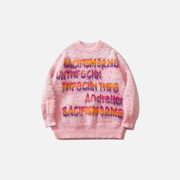 Front view of the pink Fluffy Fleece Letter Print Sweater in a gray background 