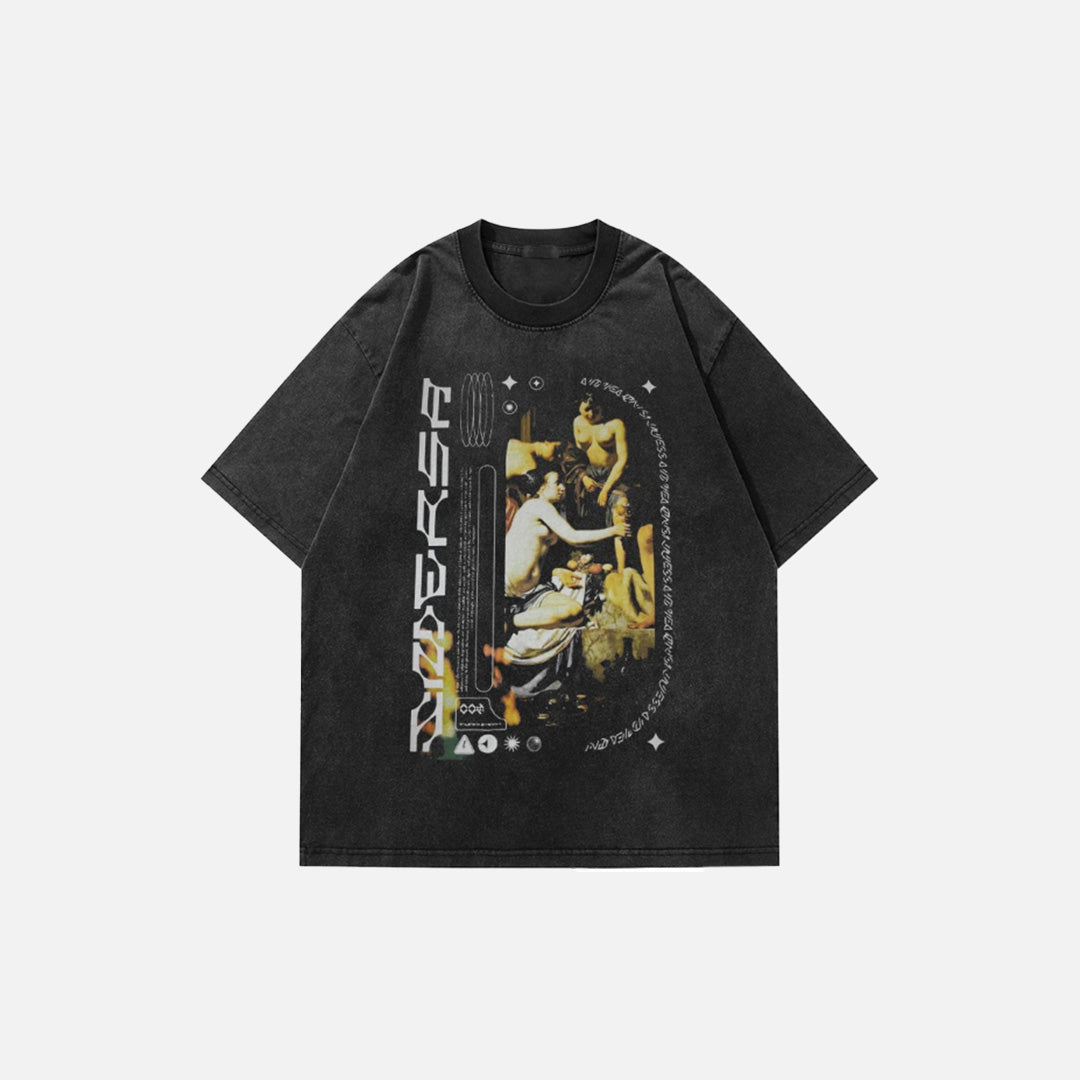 Front view of the black Reverse Mythology Graphic T-shirt in a gray background