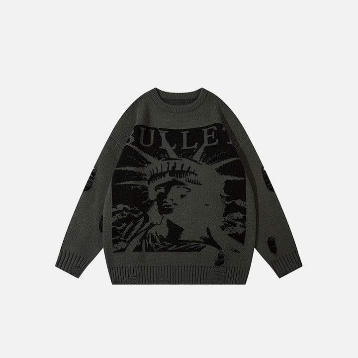 Front view of the gray Statue Of Liberty Ripped Loose Sweater in a gray background