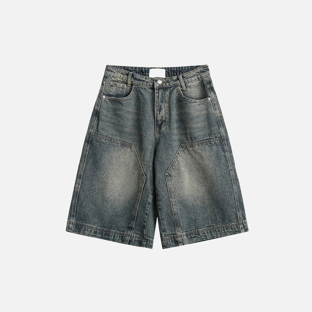 Front view of the blue Classic Wide-Leg Denim Shorts in a gray background