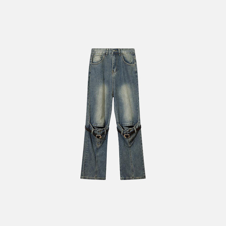 Front view of the Detachable Versatile Denim Pants in a gray background 
