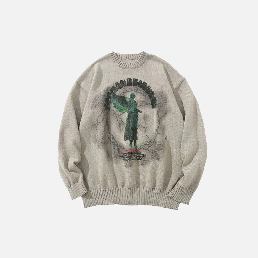 Front view of the khaki Angel Graphic Sweater of the gray bckground 