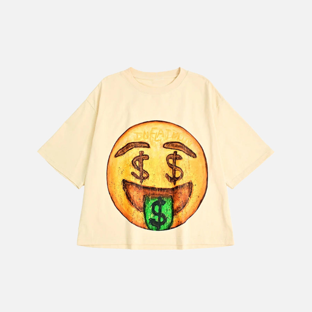 Front view of the apricot Emoji Cash Statement T-Shirt in a gray background