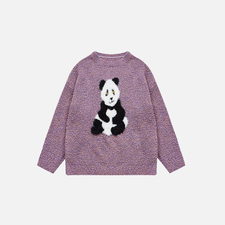 Front view of the purple Loose Panda Knitted Sweater in a gray background 