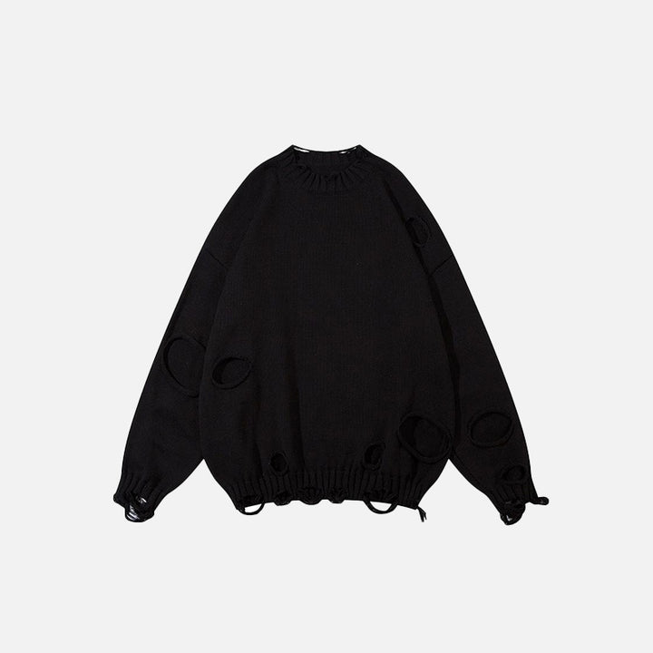 Front view of the black Loose Ripped Hole Solid Color Sweater in a gray background