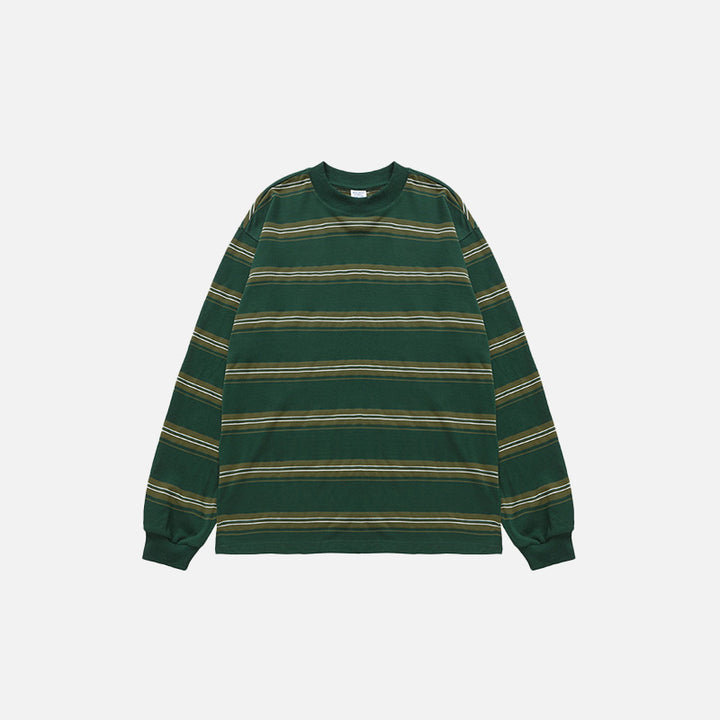Front view of the green Vintage Striped Loose Long-sleeved T-shirt in a gray background 