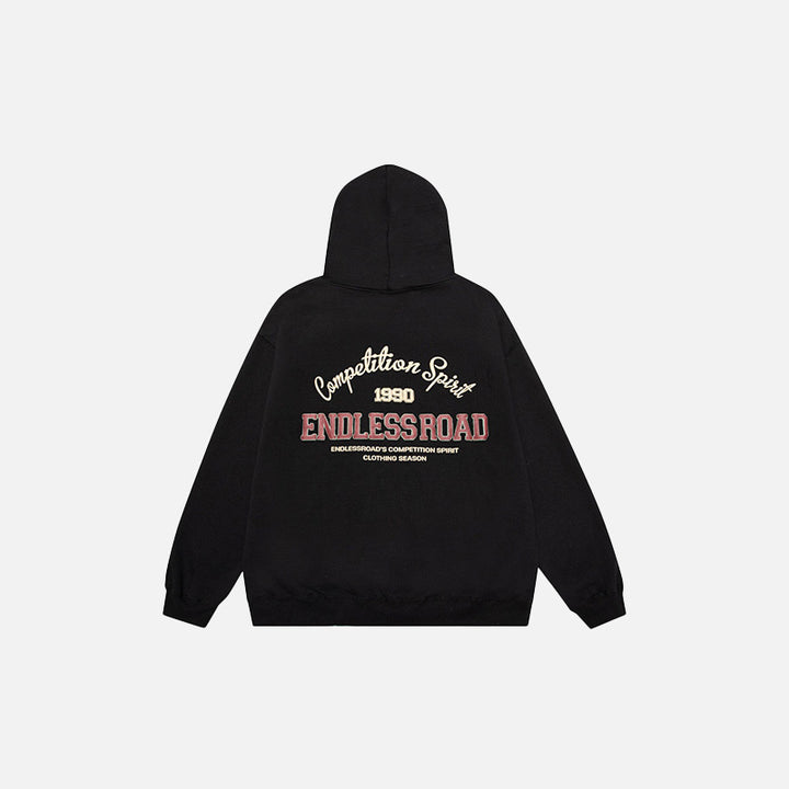Back view of the black Loose Retro Endless road Hoodie in a gray background 