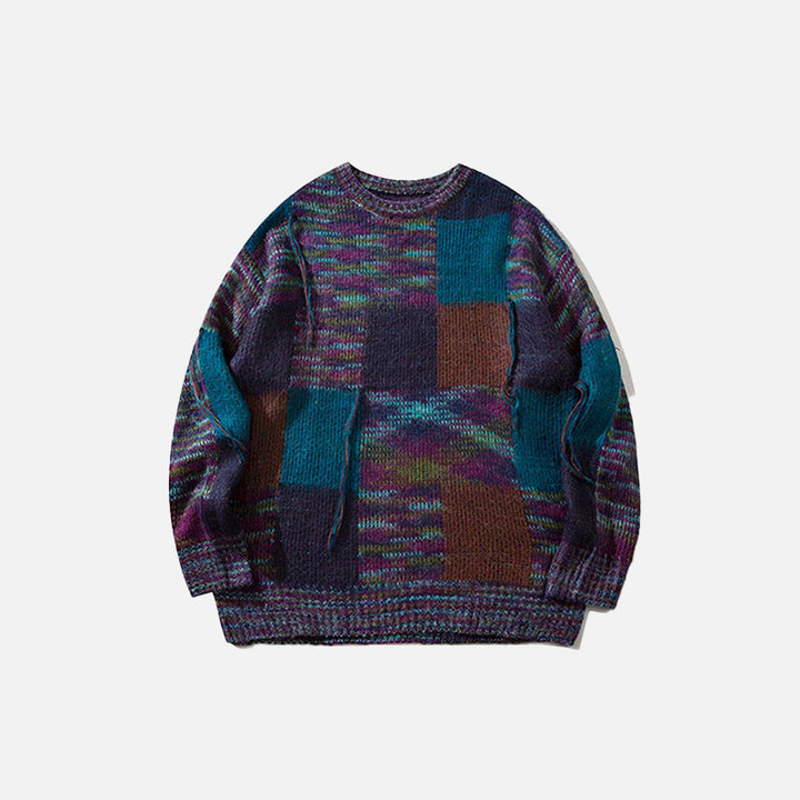 Front view of the blue Patchwork Multi Color Loose Sweater in a gray background 