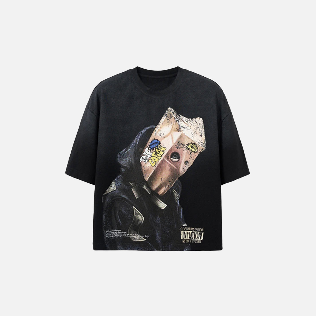 Front view of the black Bag-Head Expression T-Shirt in a gray background