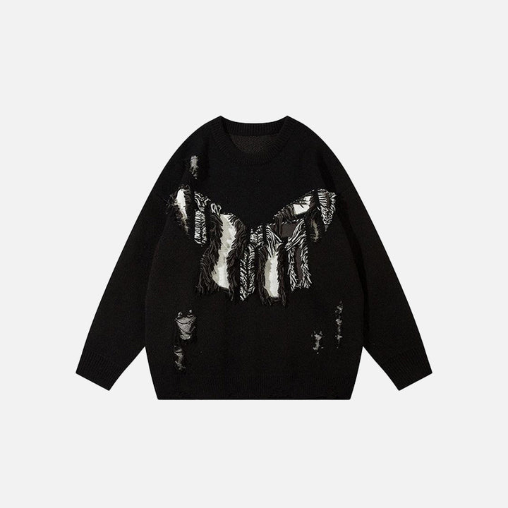 Front view of the black Butterfly Embroidery Ripped Sweater in a gray background