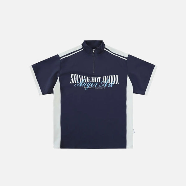 Front view of the blue Y2K Half Zipper Graphic T-shirt in a gray background 