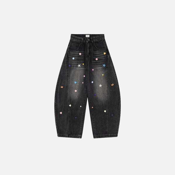 Stylish Star Embellished Curved Wide Leg Jeans