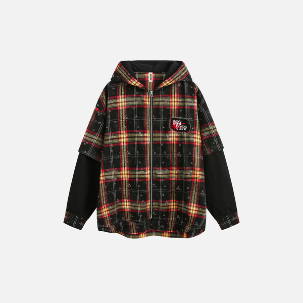 Plaid American Style Fake Two Piece Hooded Sweatshirt