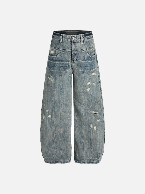 Streetwear Punk Distressed Washed Denim Wide Leg Jeans