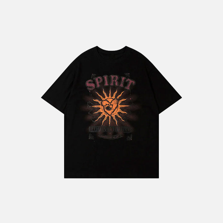 Front view of the black Gothic Loose Sun Spirit Graphic T-Shirt in a gray background 